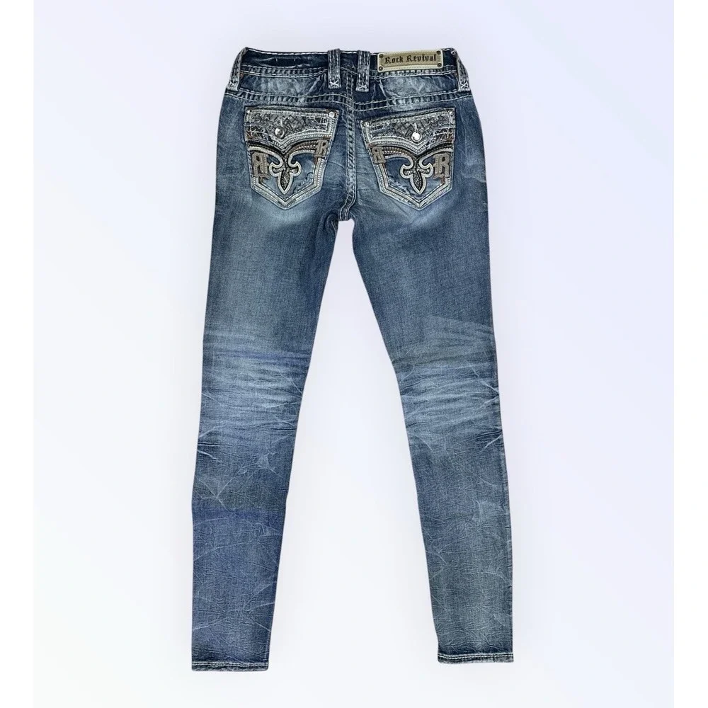 ROCK REVIVAL ASHA JEANS‎ SKINNY WOMENS 25 EMBELLISHED POCKETS 31 INSEAM